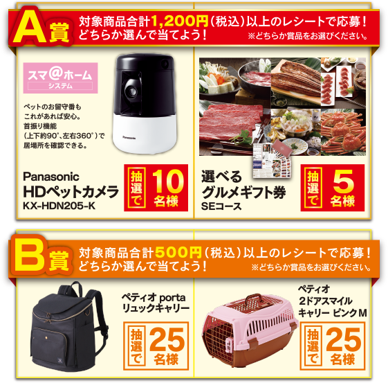 A賞　対象商品合計1,200円（税込）以上のレシートで応募！　B賞 対象商品合計500円（税込）以上のレシートで応募！
