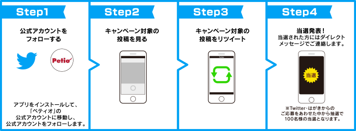Step1 公式アカウントをフォローする　Step2 キャンペーン対象の投稿を見る　Step3 キャンペーン対象の投稿をリツイート　Step4 当選発表！当選された方にはダイレクトメッセージでご連絡します。