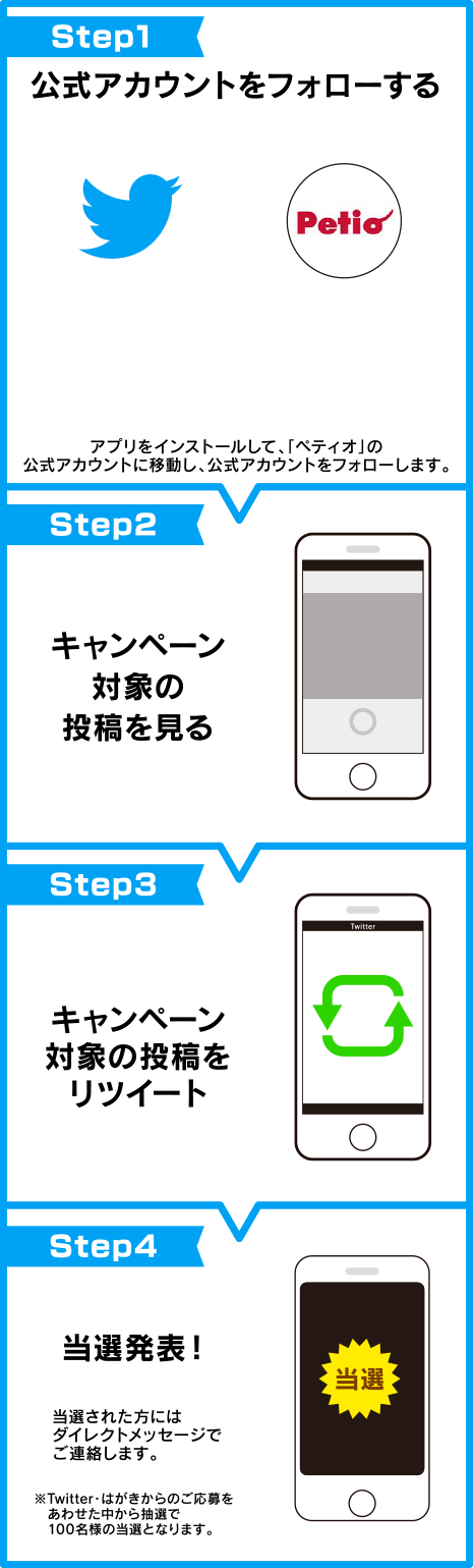 Step1 公式アカウントをフォローする　Step2 キャンペーン対象の投稿を見る　Step3 キャンペーン対象の投稿をリツイート　Step4 当選発表！当選された方にはダイレクトメッセージでご連絡します。