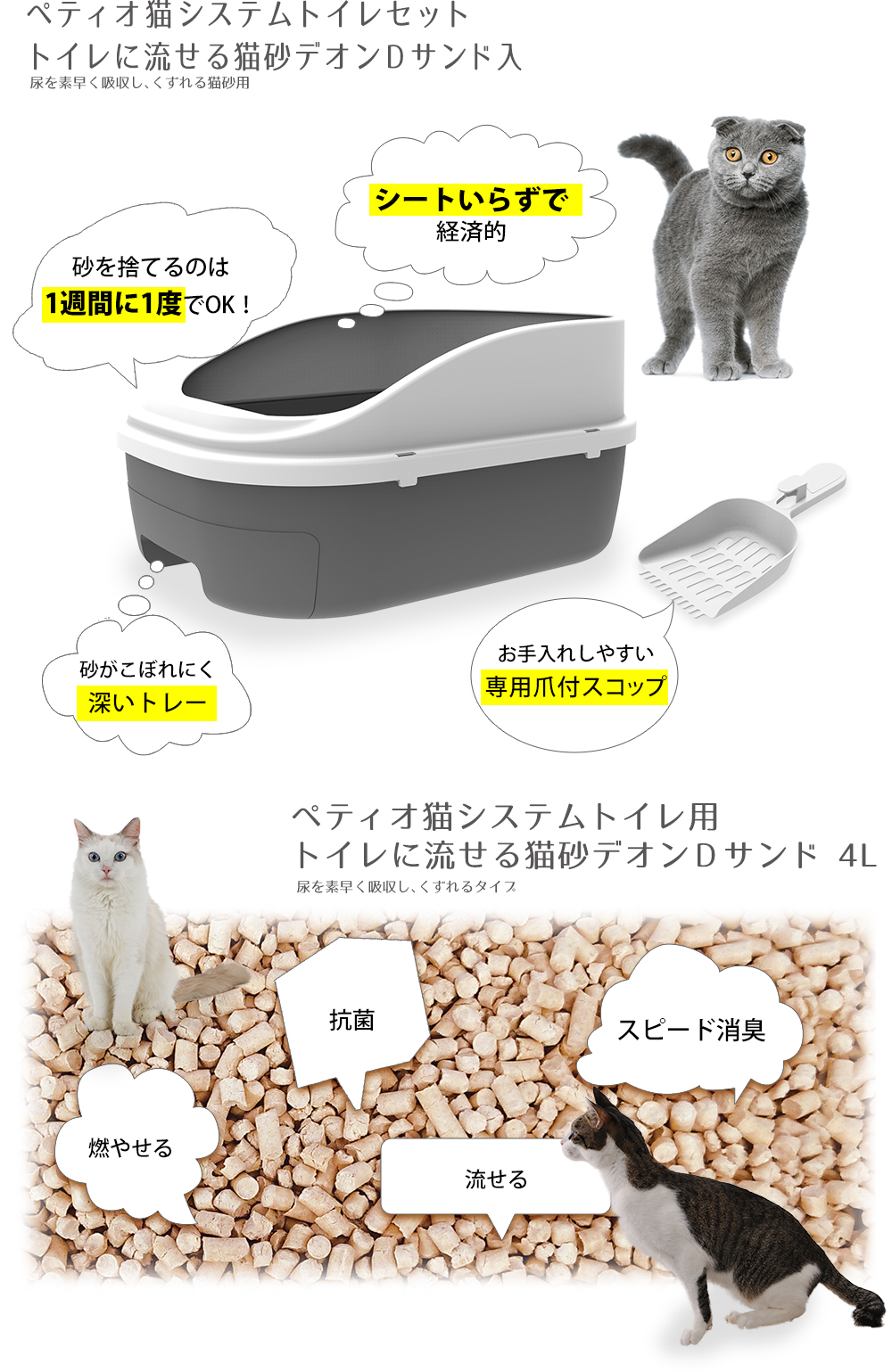ペティオ 猫用システムトイレ：トイレに流せる猫砂デオンＤサンド｜Petio ペティオ オンライン ショップ本店